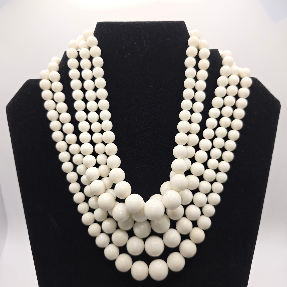 Vintage White Multi Strand Graduated Bead Necklace 4 Tier Silver Tone J-Hook 16"